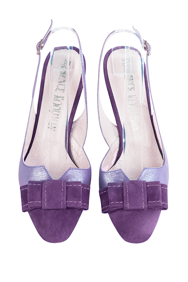 Amethyst purple women's open back shoes, with a knot. Round toe. High slim heel. Top view - Florence KOOIJMAN